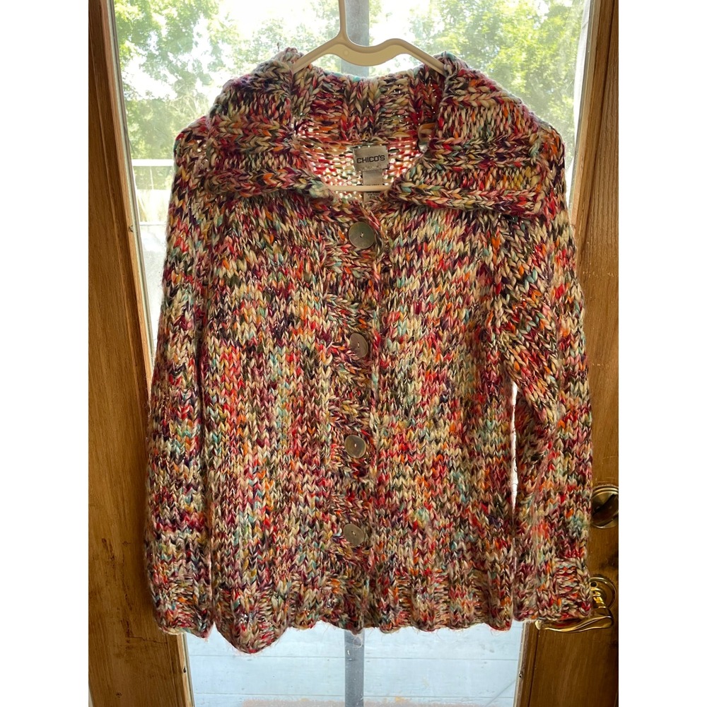 Chico's Multicolor Knit Button Front Cardigan Sweater Shawl Collar Size 1
